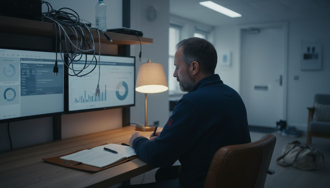 Technician monitors property system on multiple screens