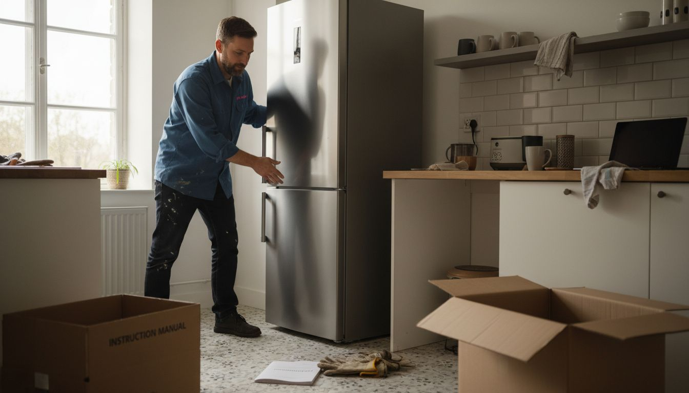 Handyman installing upgraded kitchen appliances