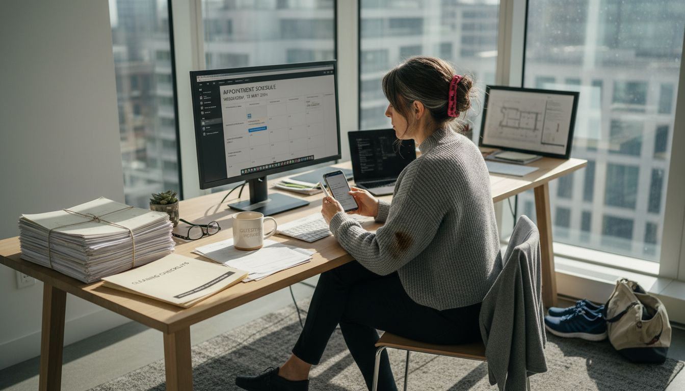 Rental manager updating calendar and paperwork