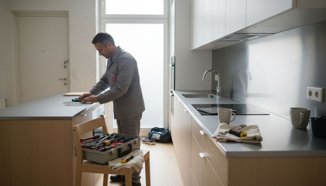 Technician cleaning corporate rental kitchen