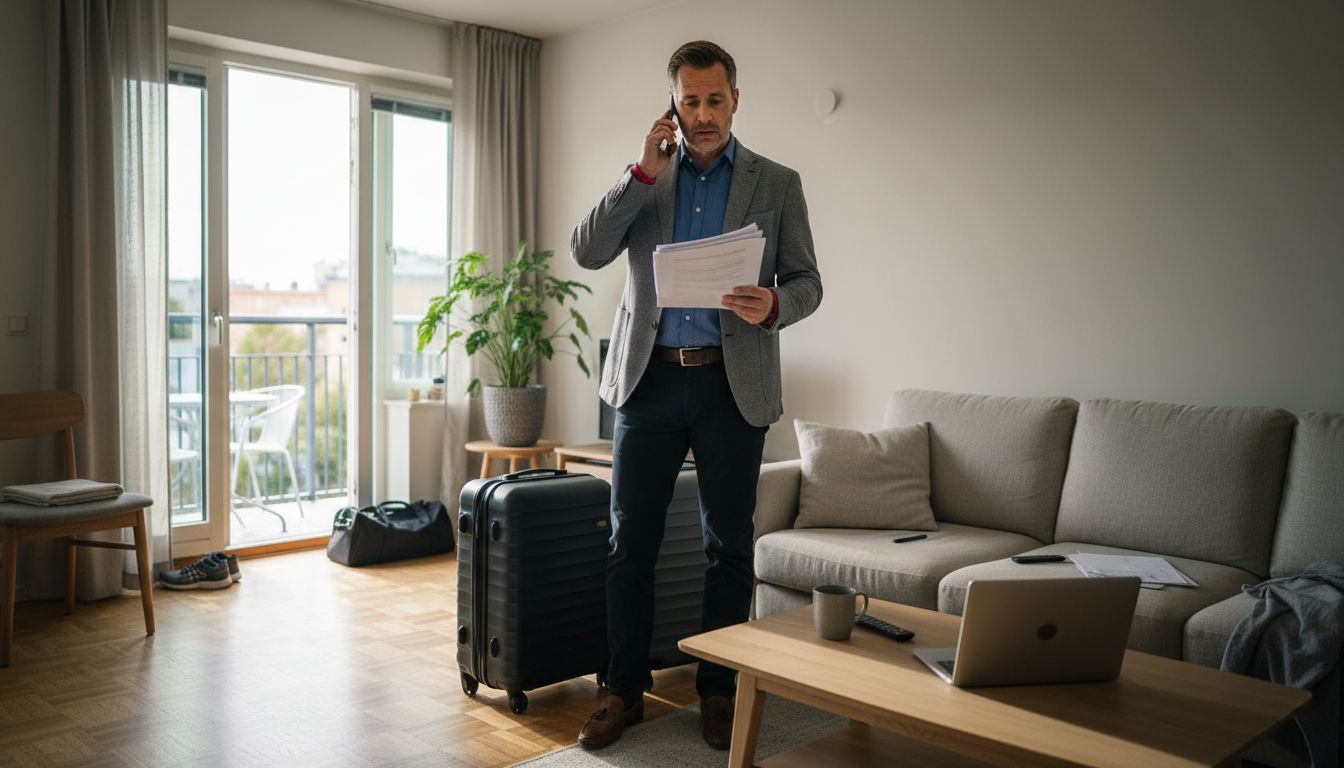 Traveler in apartment with relocation documents