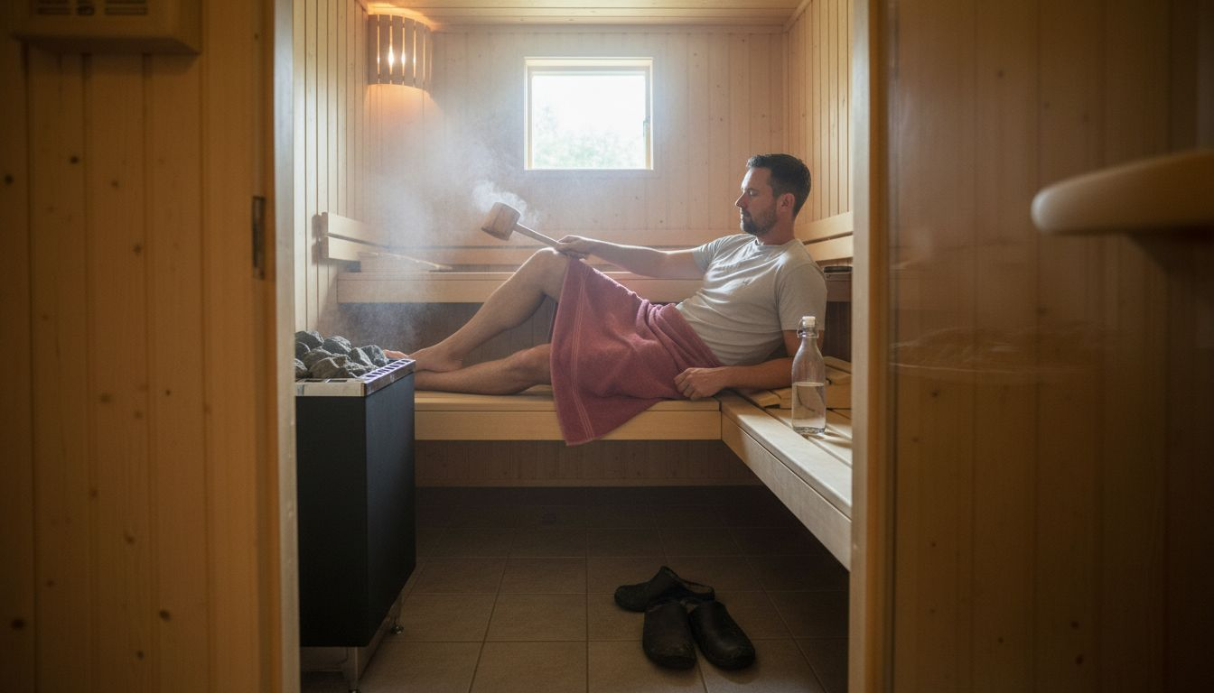 Engineer relaxing in home sauna interior