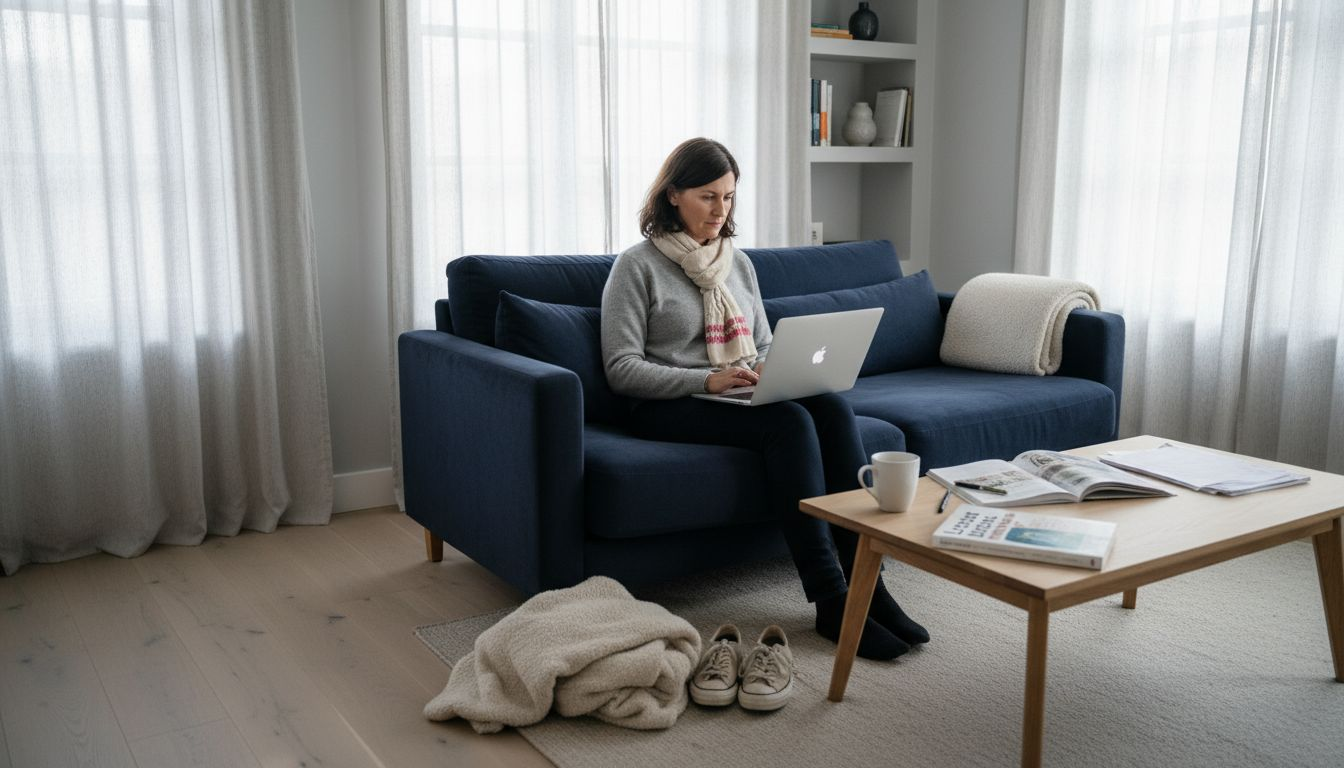 Employee using amenities in Swedish apartment