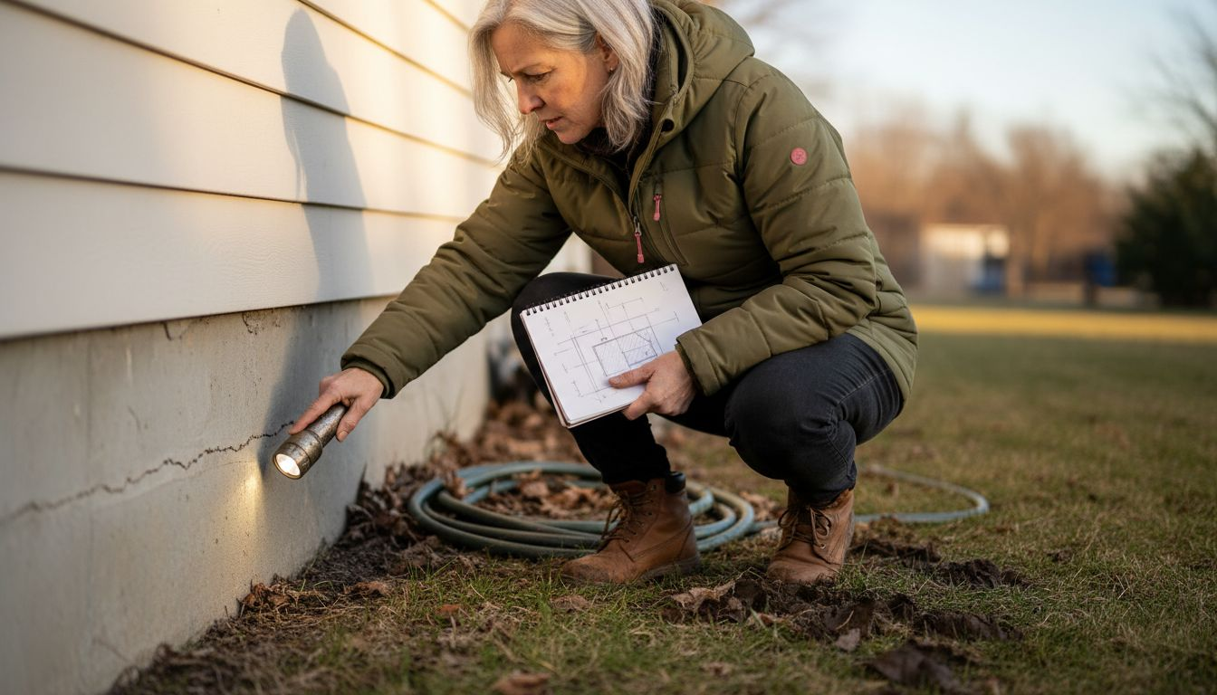Inspecting house foundation crack outside