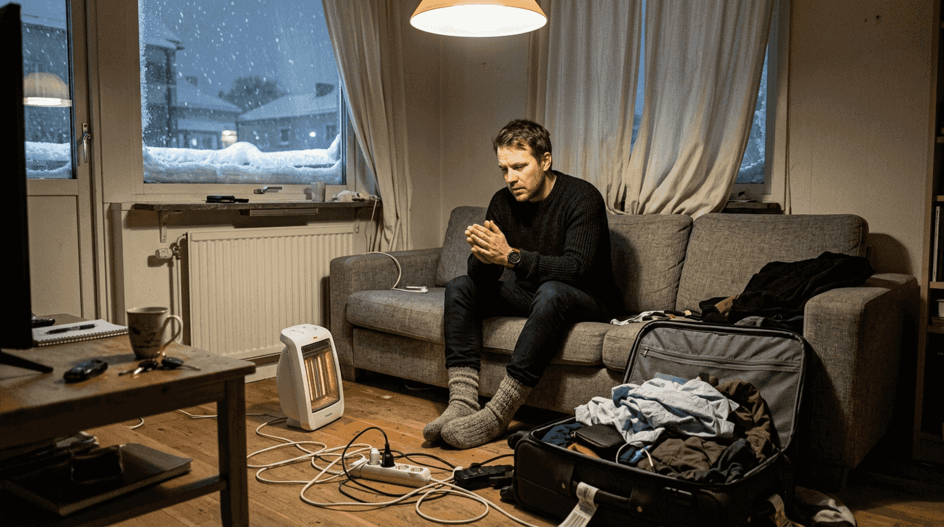 Business traveler cold in Swedish winter apartment