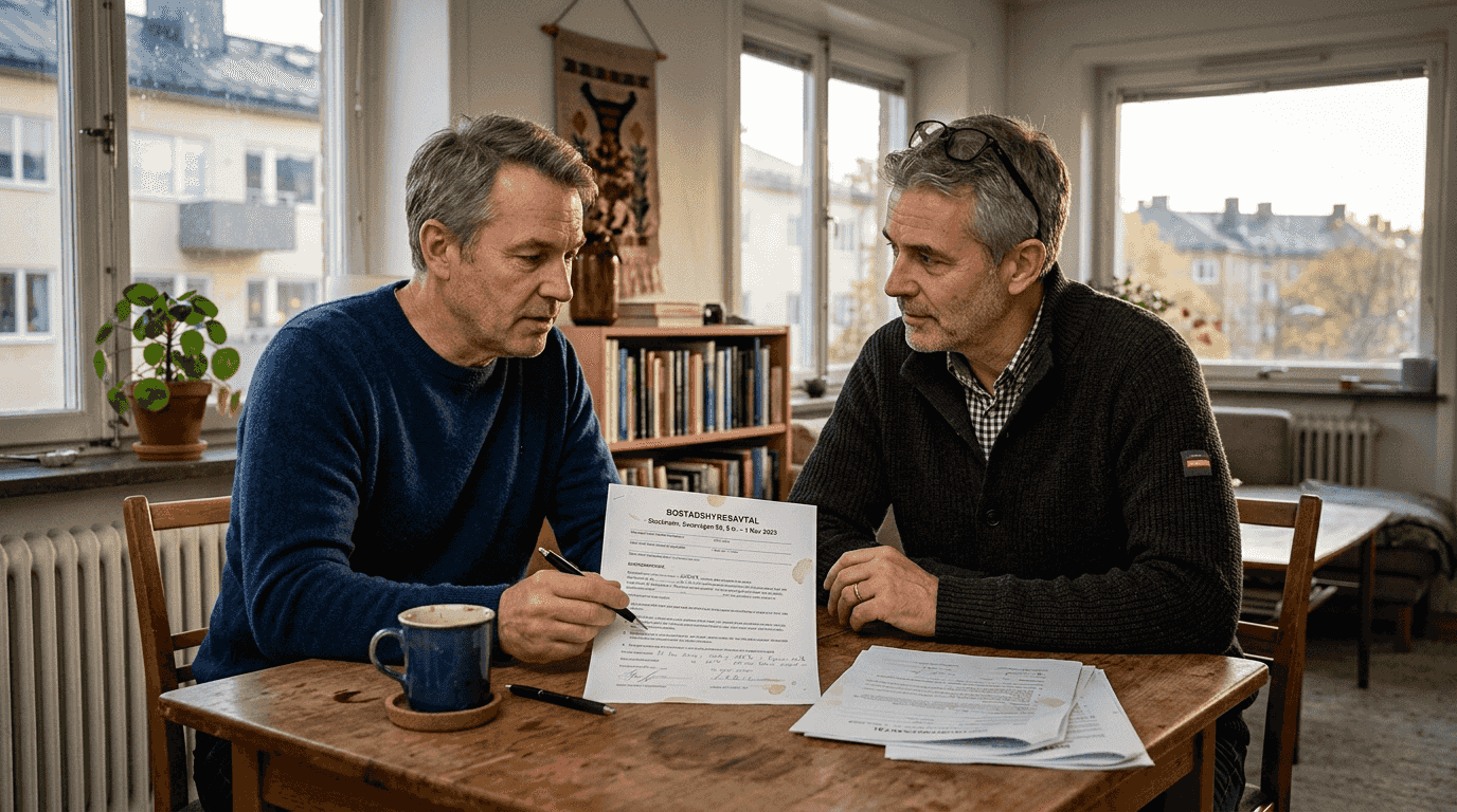 Tenants reviewing lease paperwork at apartment