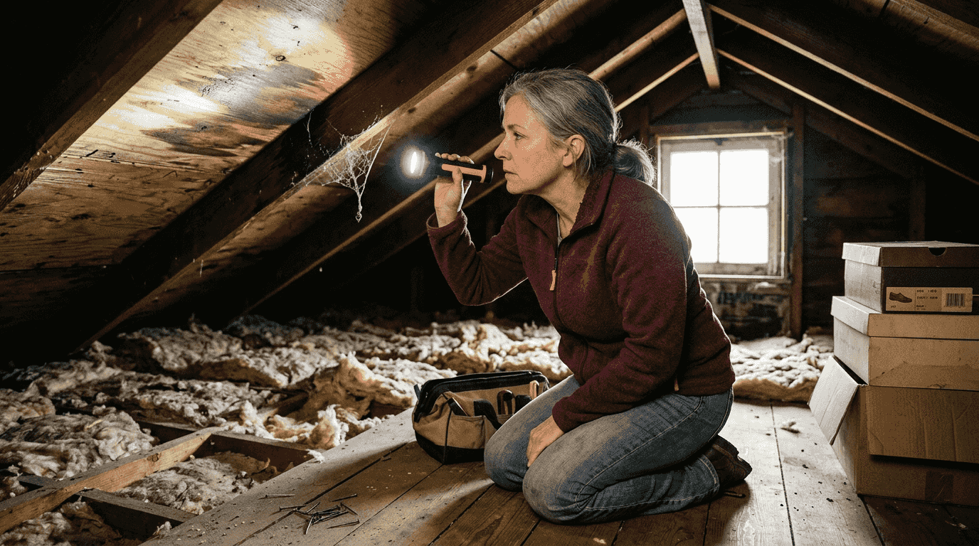 Homeowner checking attic for roof leaks