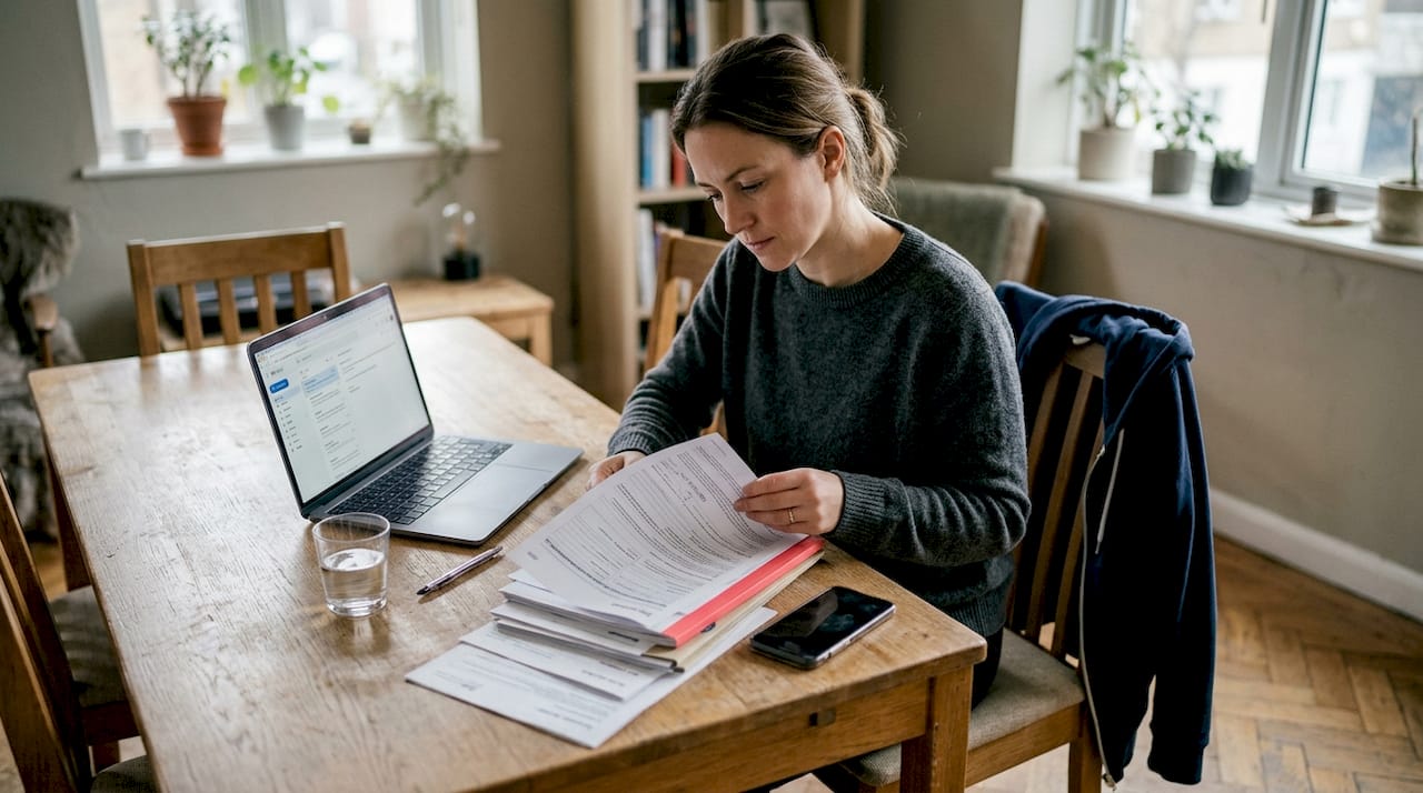 Landlord reviewing insurance papers at dining table