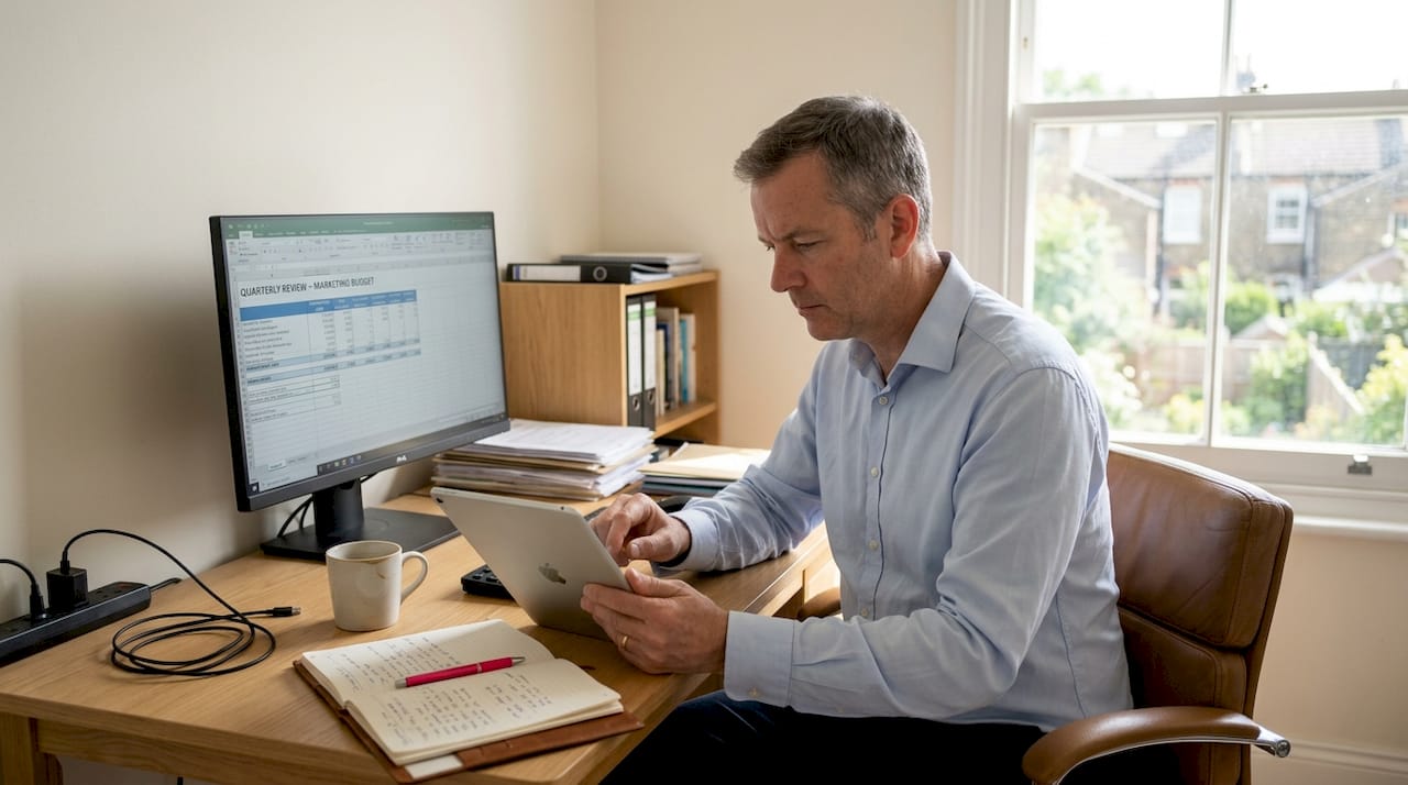 Executive reviewing notes in home office