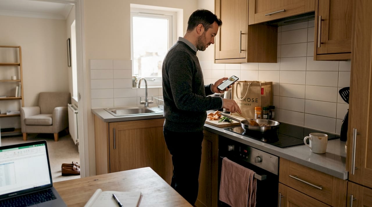 Business traveler cooking in apartment kitchen