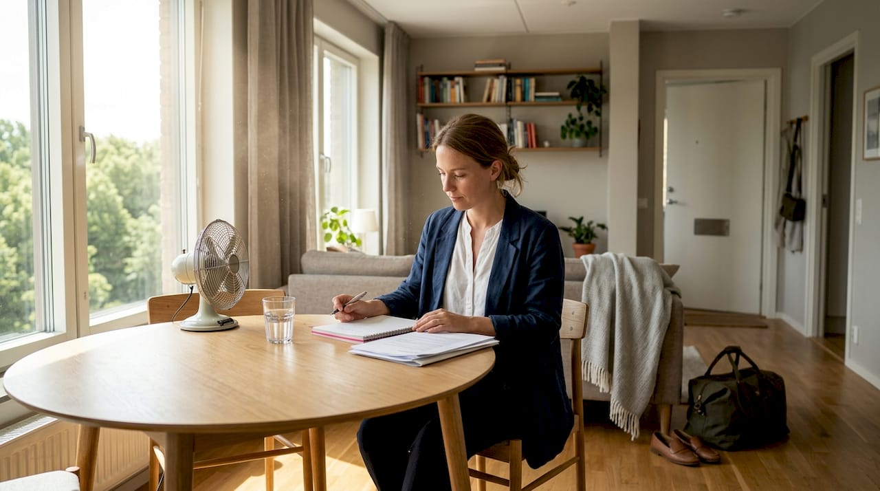Woman working in sunny Swedish apartment interior
