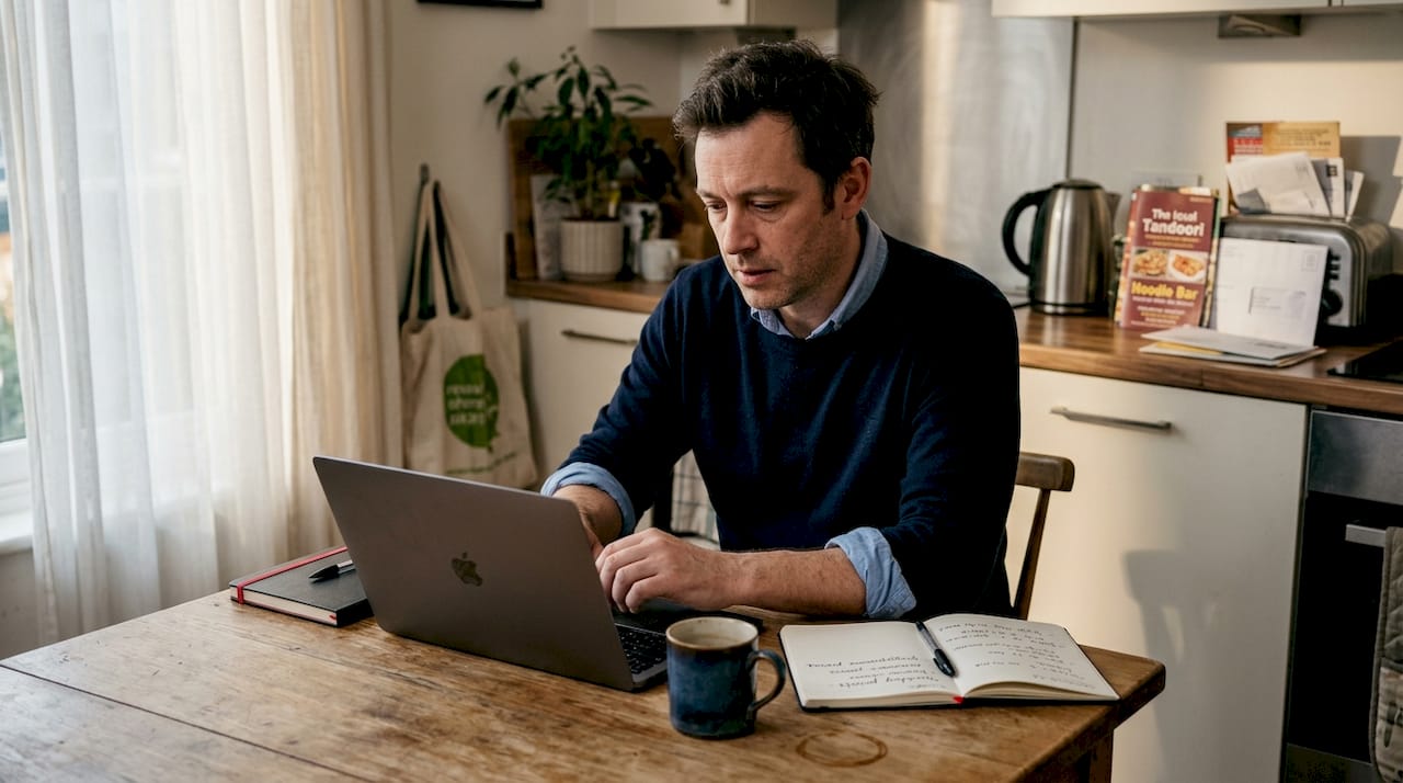 Business traveler using furnished apartment workspace