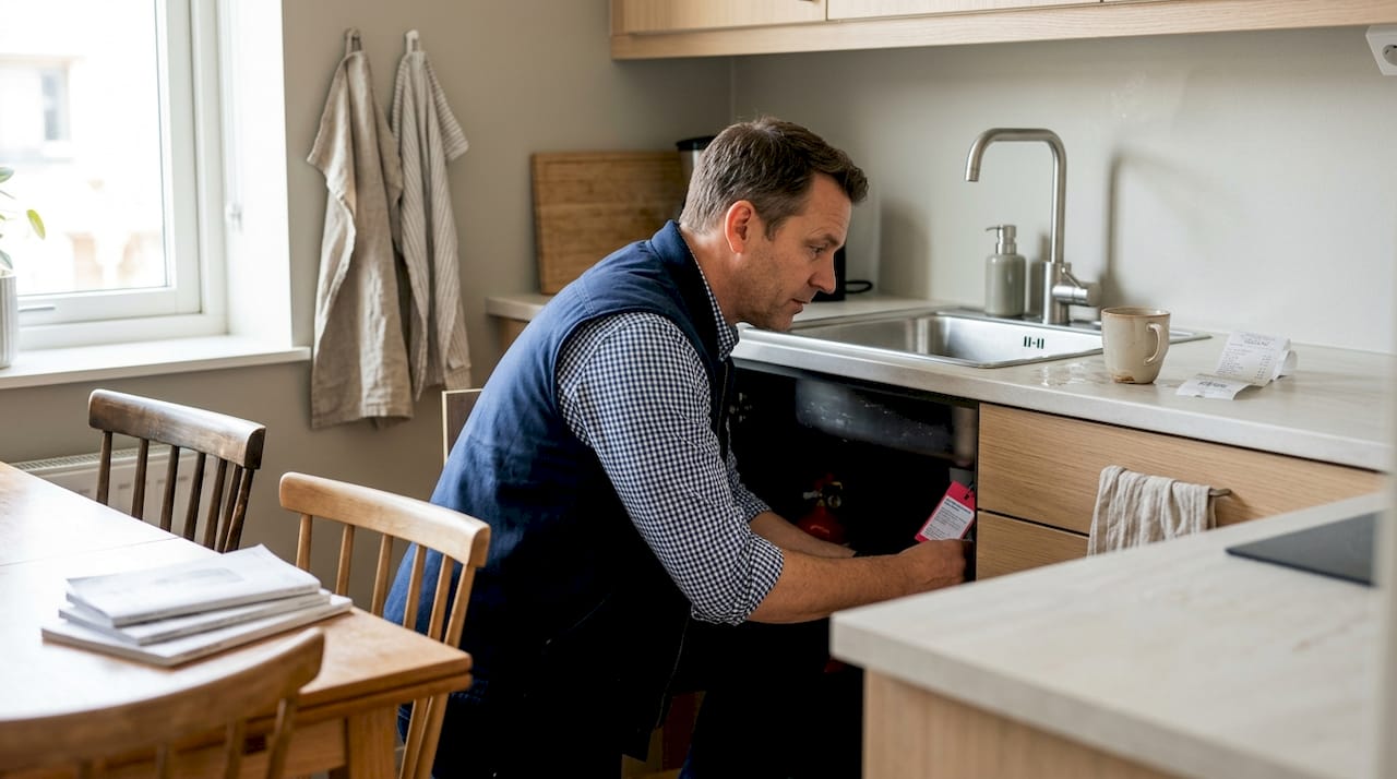 Supervisor inspecting kitchen safety features in apartment