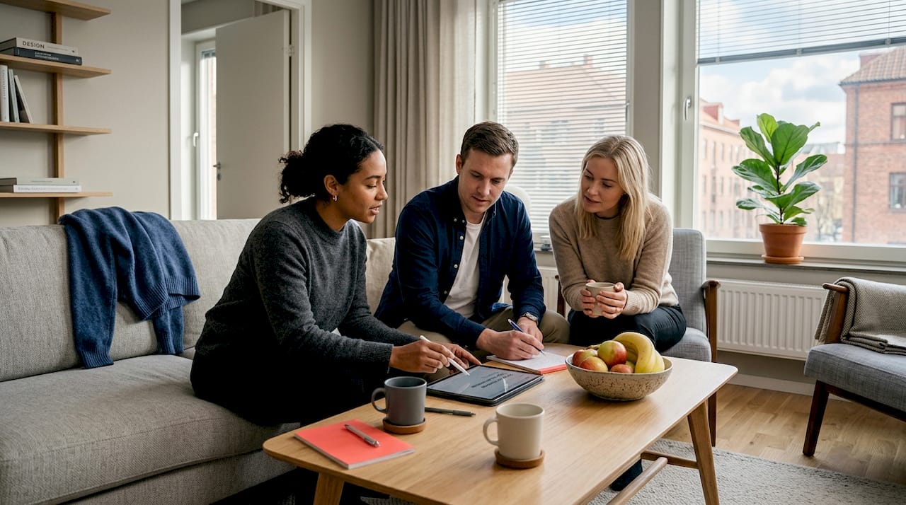 Colleagues collaborating in serviced apartment lounge