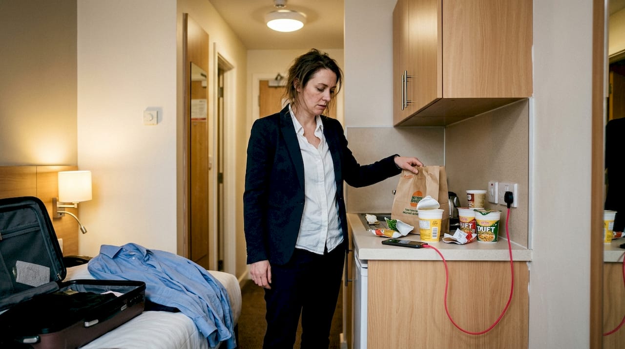 Worker in cramped budget hotel kitchenette