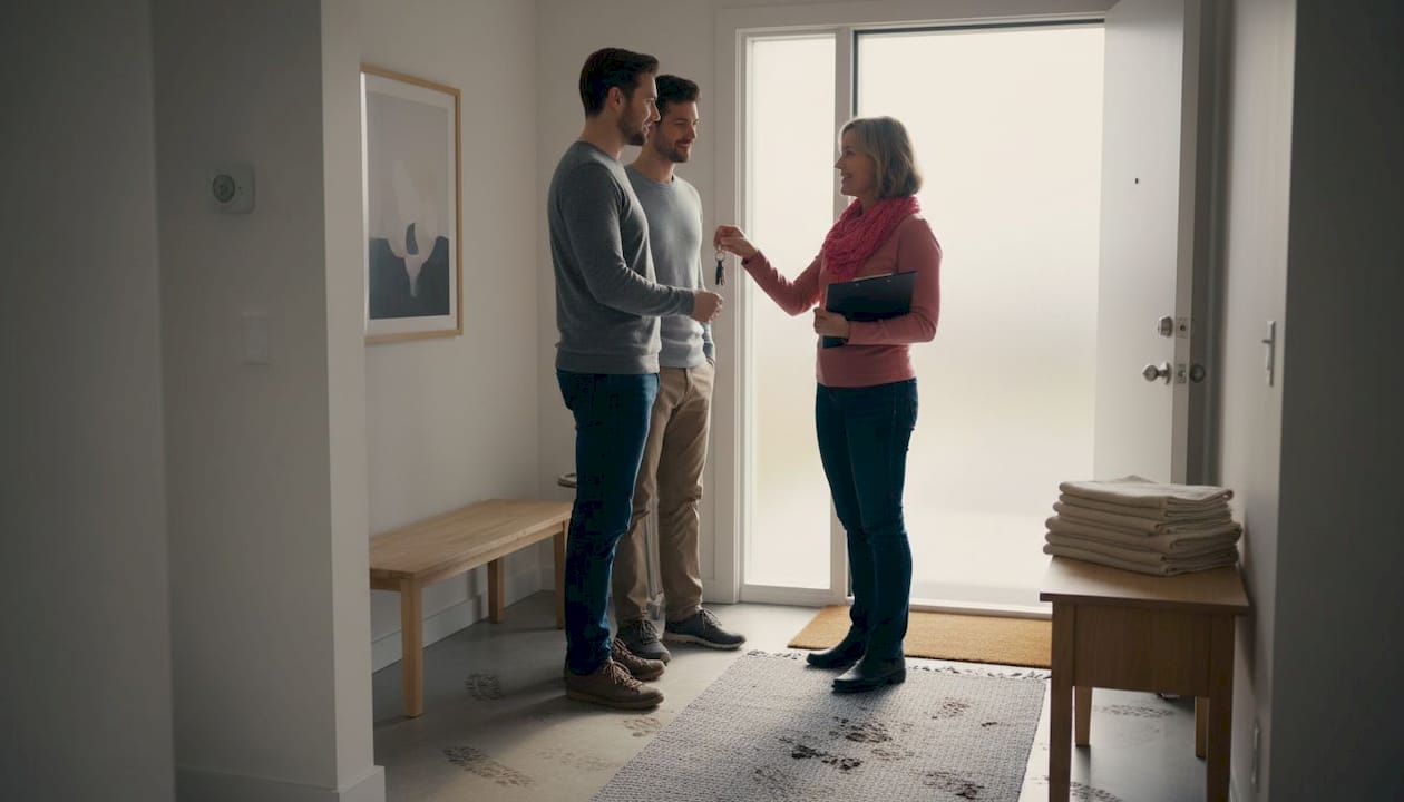 Host exchanging keys with tourist renters