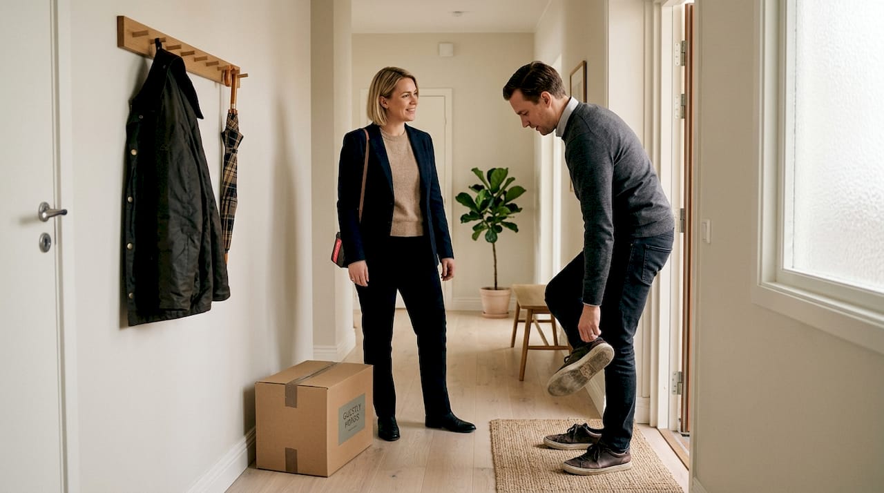 Manager greeting tenant in Swedish premium rental