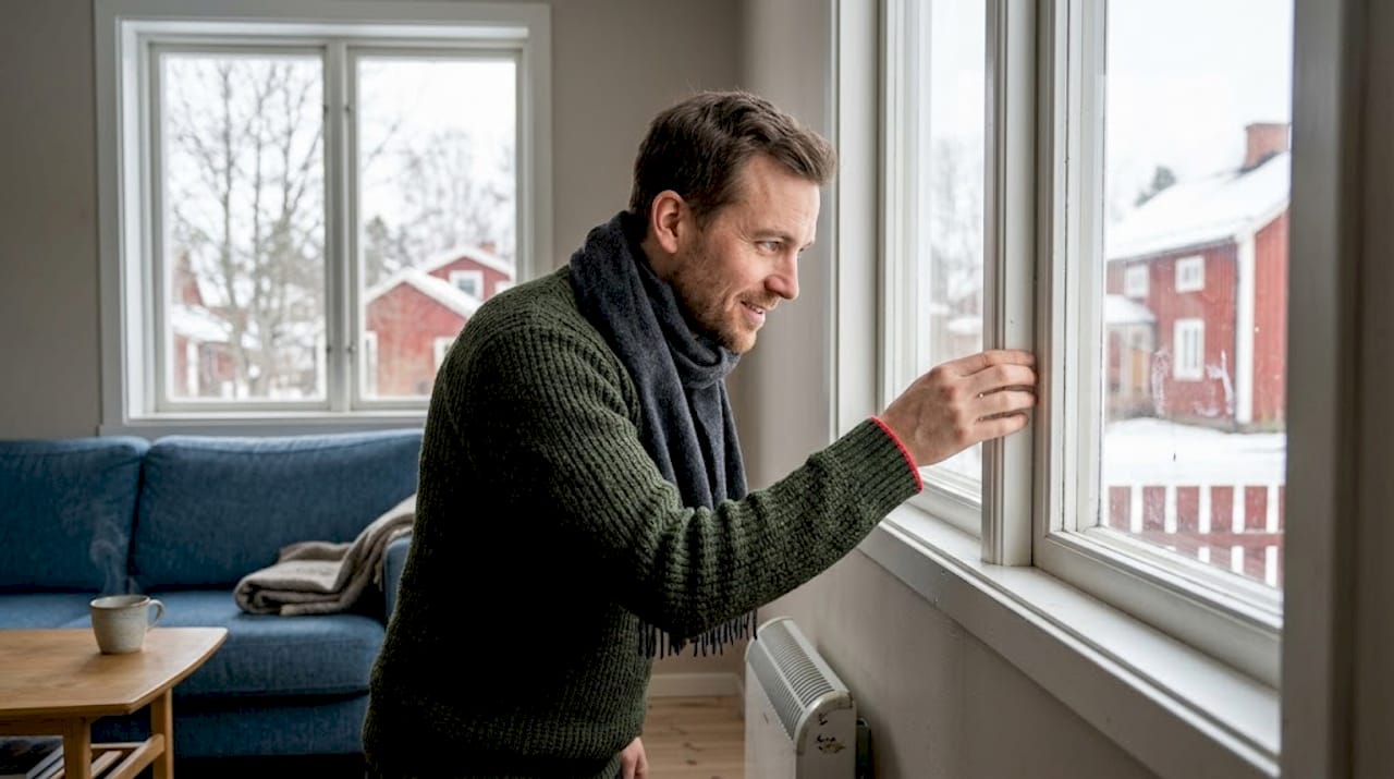 Man checking window insulation for winter
