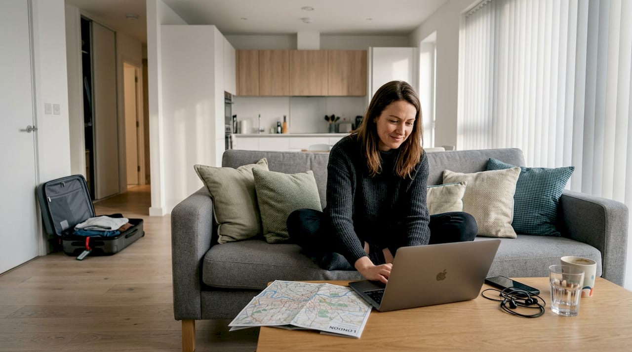 Business traveler working in modern city apartment