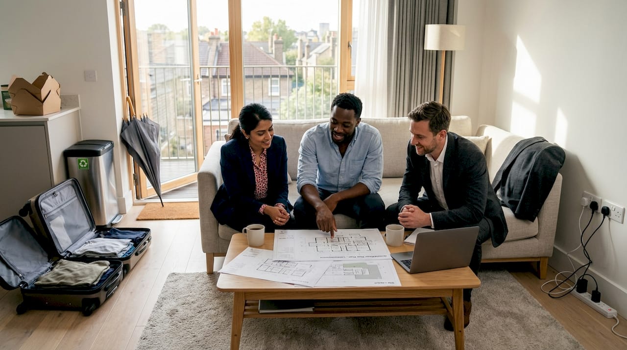 Engineers meeting in corporate apartment lounge