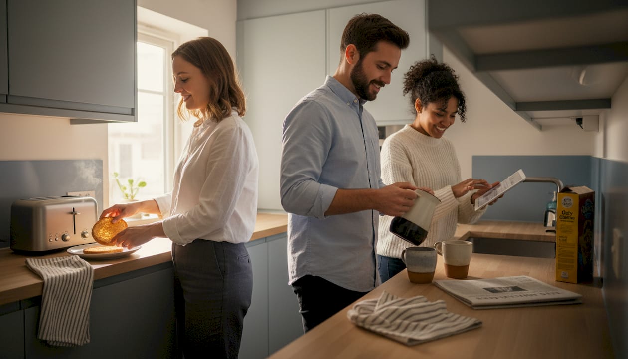Team using communal kitchen during business stay