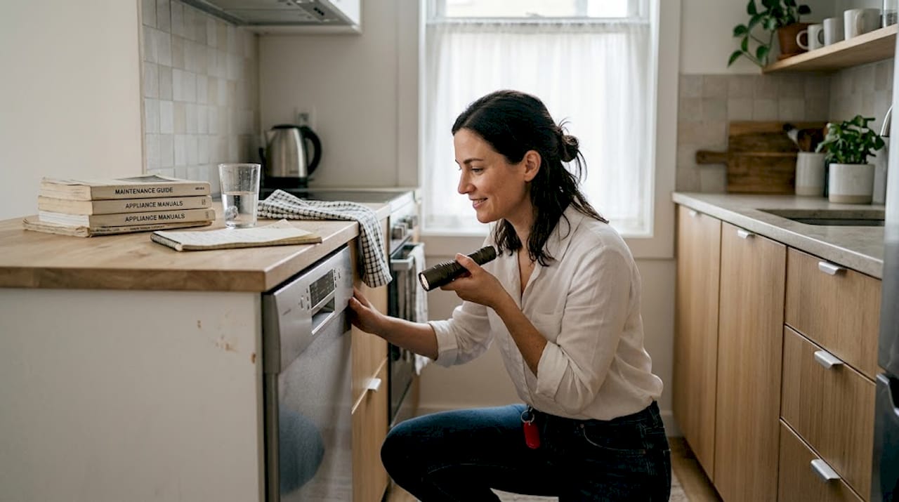Property manager inspects kitchen appliance for repair