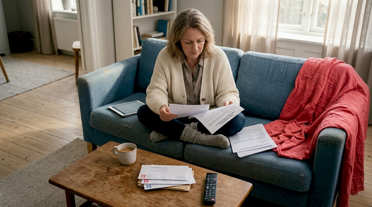 Tenant reading insurance policy in living room