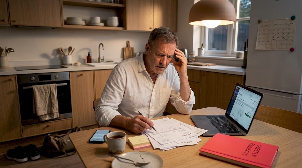 Manager in cluttered rental reviewing invoices