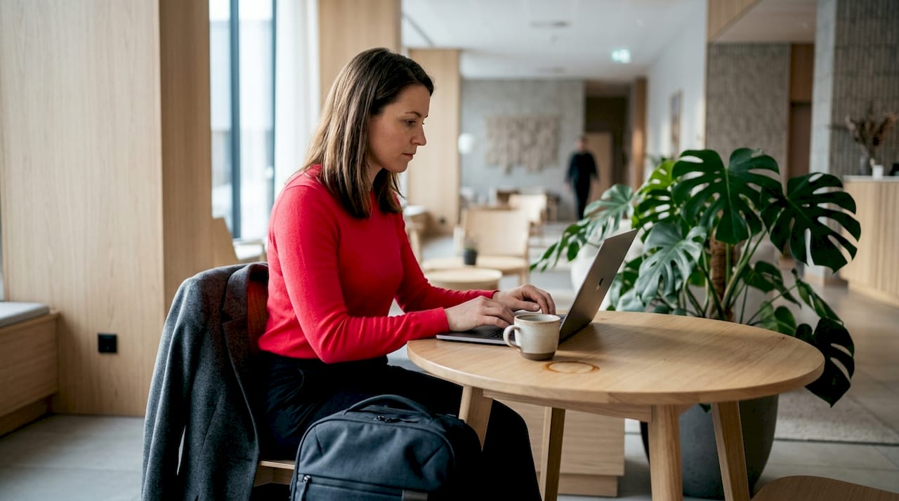 Professional working in Nordic hotel lobby