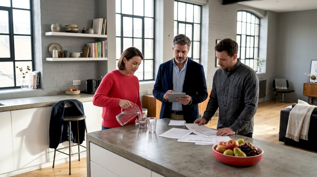 Colleagues planning work in serviced apartment kitchen