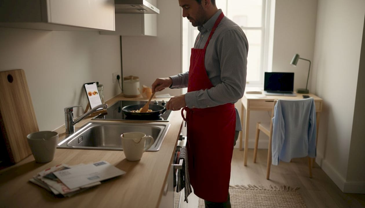 Executive preparing meal in serviced apartment