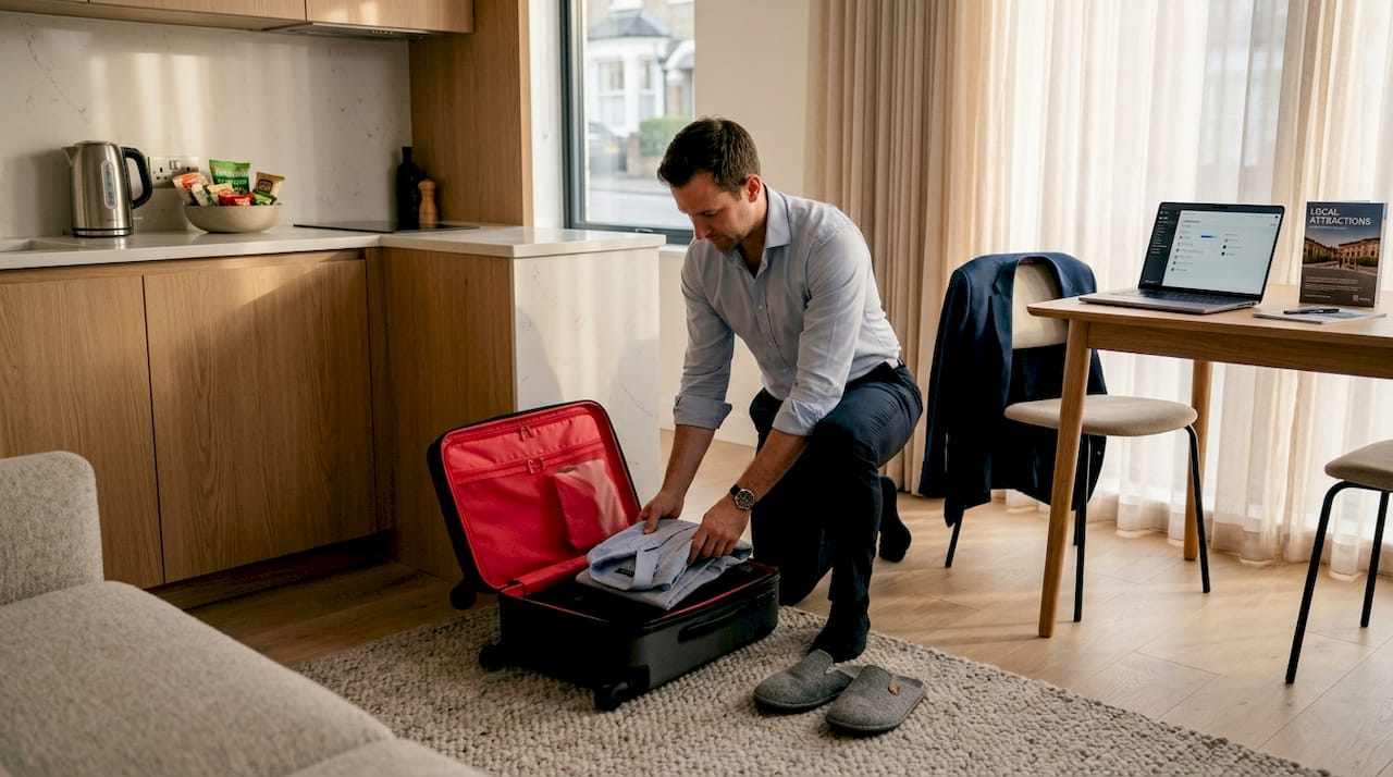 Business traveler unpacking in serviced apartment