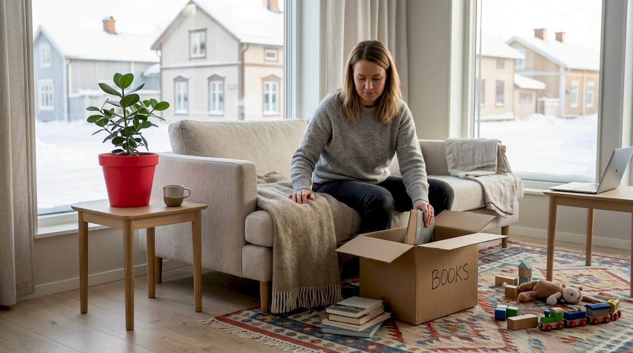 Woman unpacks in new Boden living room