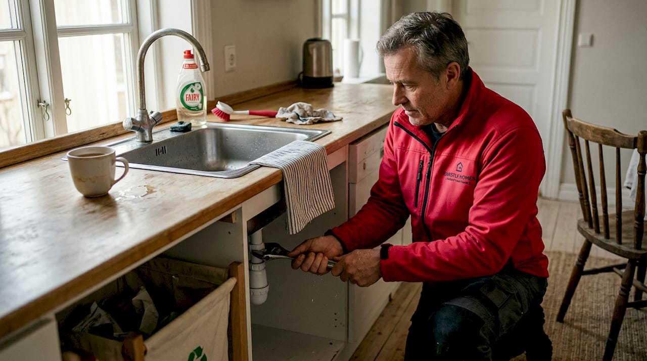 Plumber doing urgent repair under kitchen sink