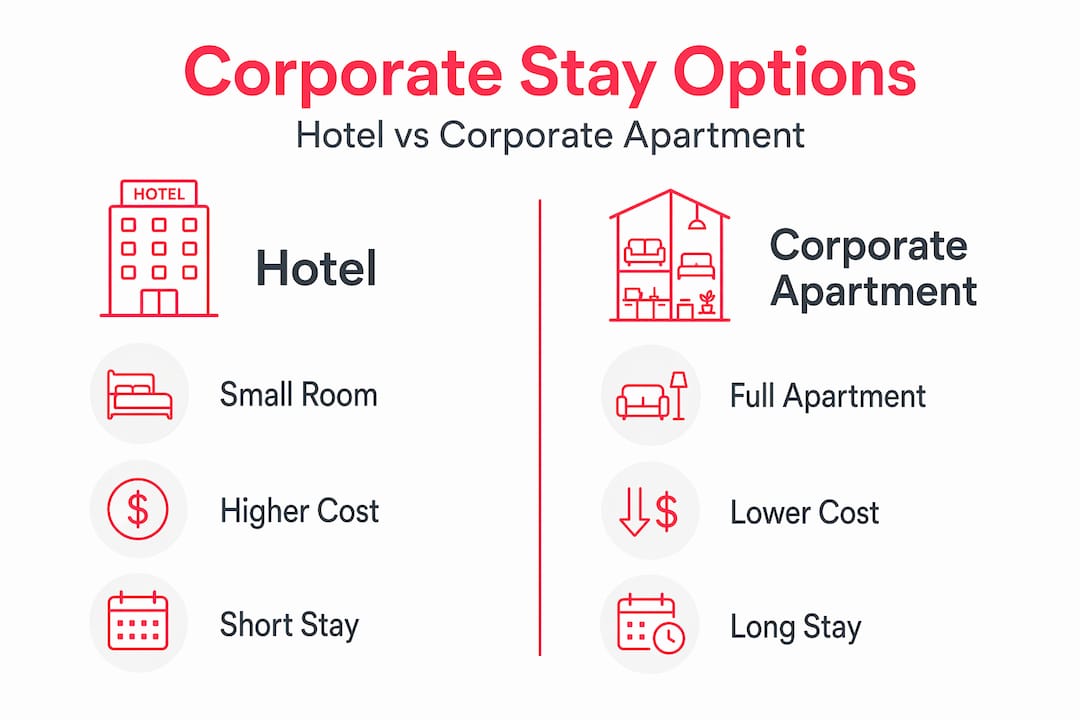 Infographic comparing hotel and corporate apartment options