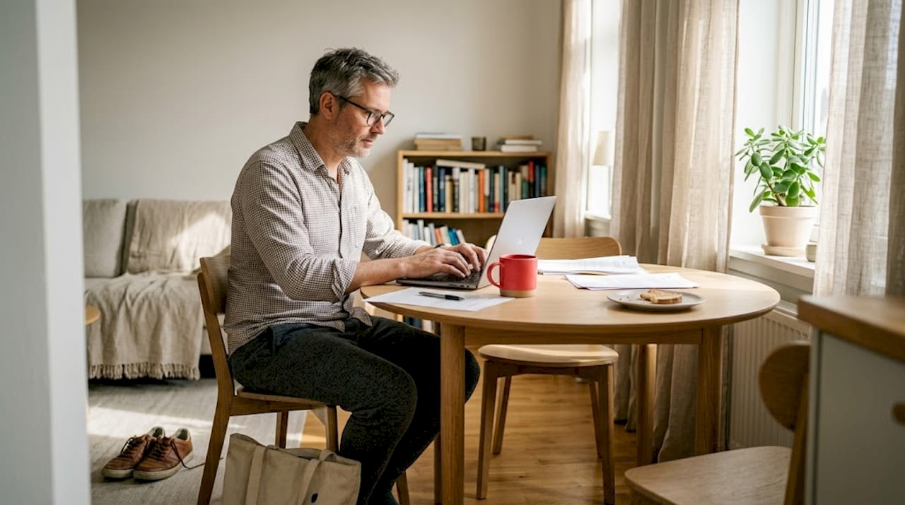 Engineer working comfortably in rental kitchen