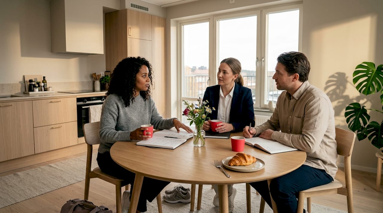 Employees share breakfast in corporate housing kitchen