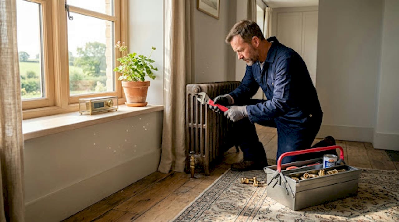 Plumber upgrading radiator for energy efficiency