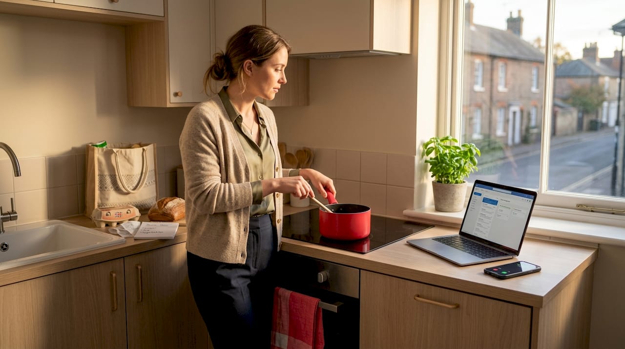 Business traveler preparing meal in apartment kitchen workspace