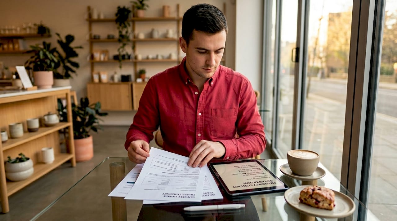 Traveler organising emergency accommodation documents