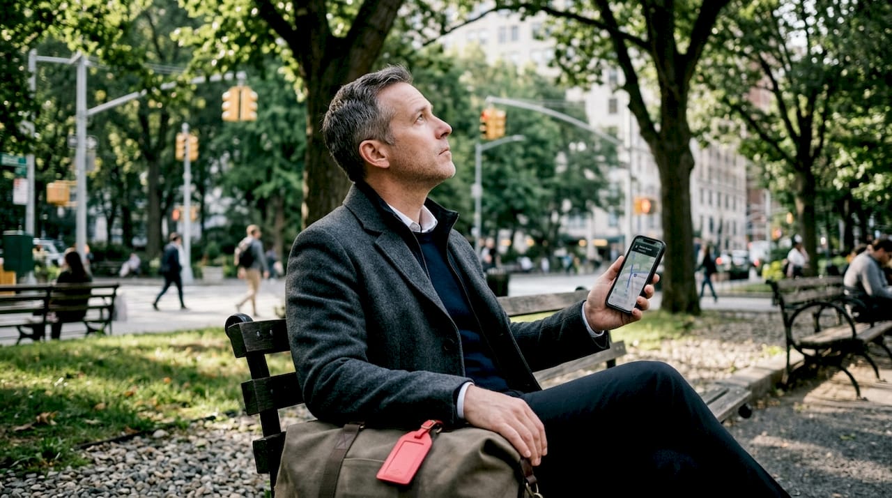 Business traveler assessing commute via smartphone