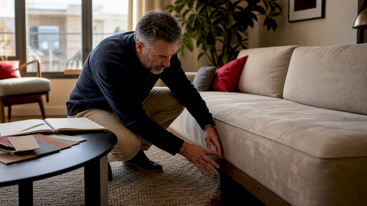 Landlord inspecting sofa quality in rental apartment