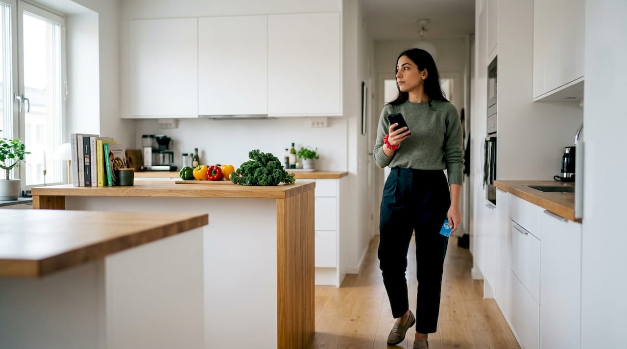 Woman preparing for commute outside Stockholm apartment entrance
