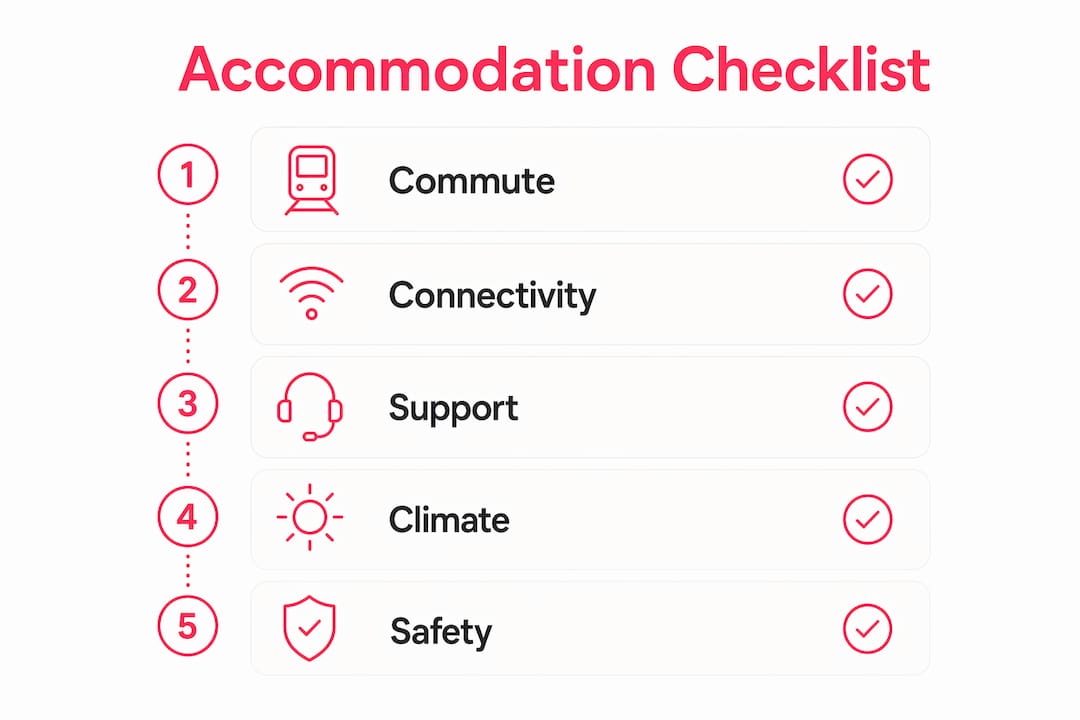 Infographic outlining key accommodation checklist steps for Sweden