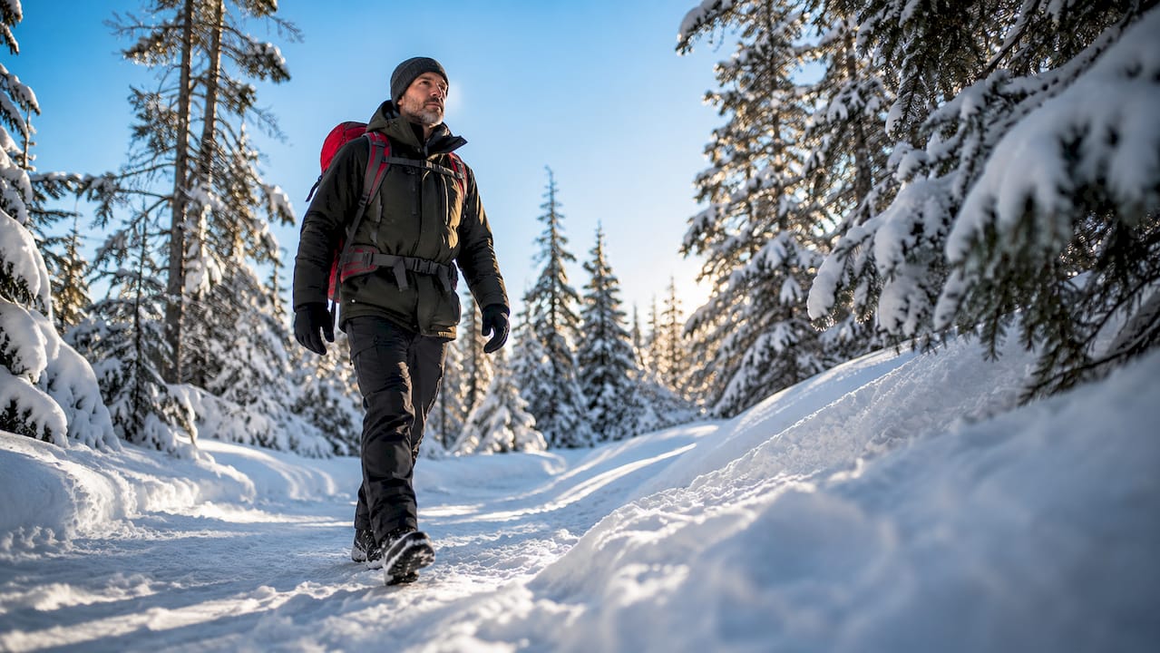Person hiking snowy trail during polar night northern lights