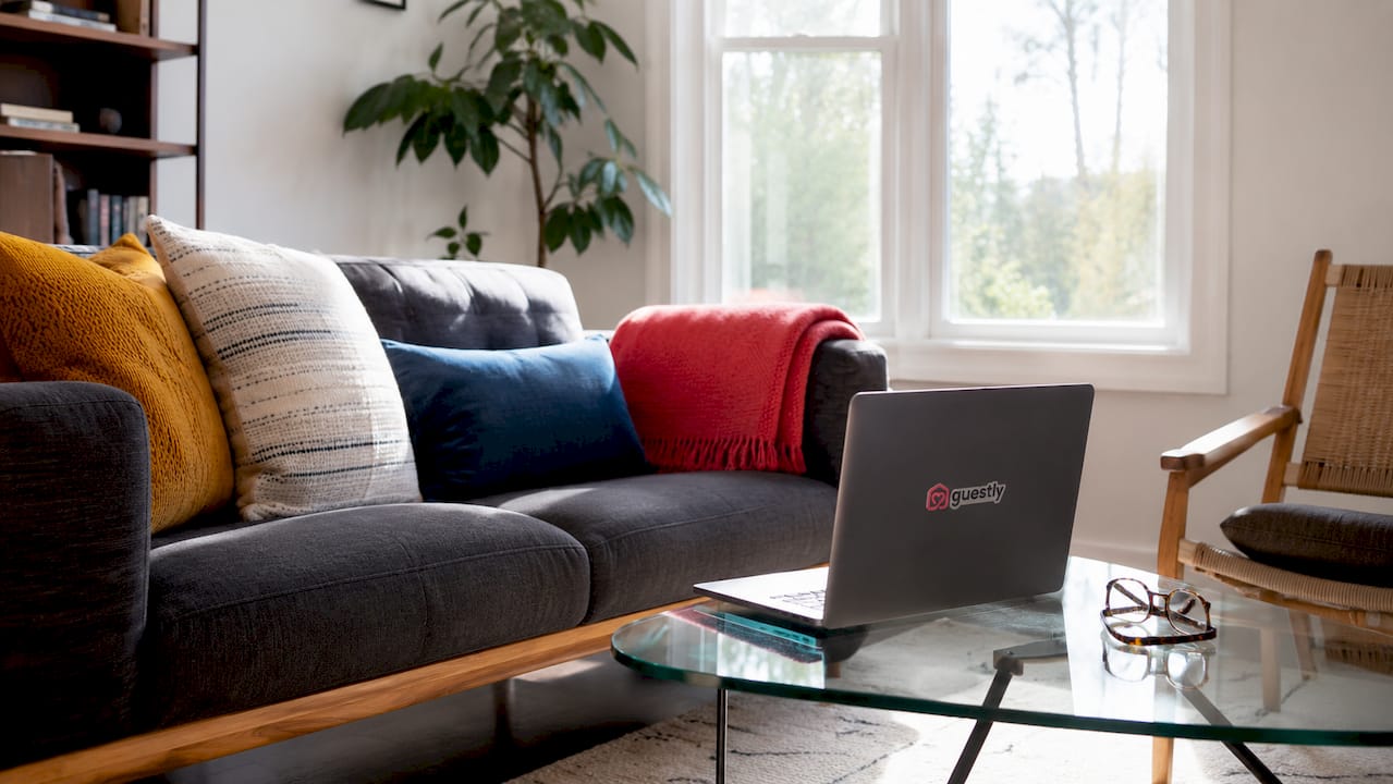 Minimalistic Nordic living area with laptop