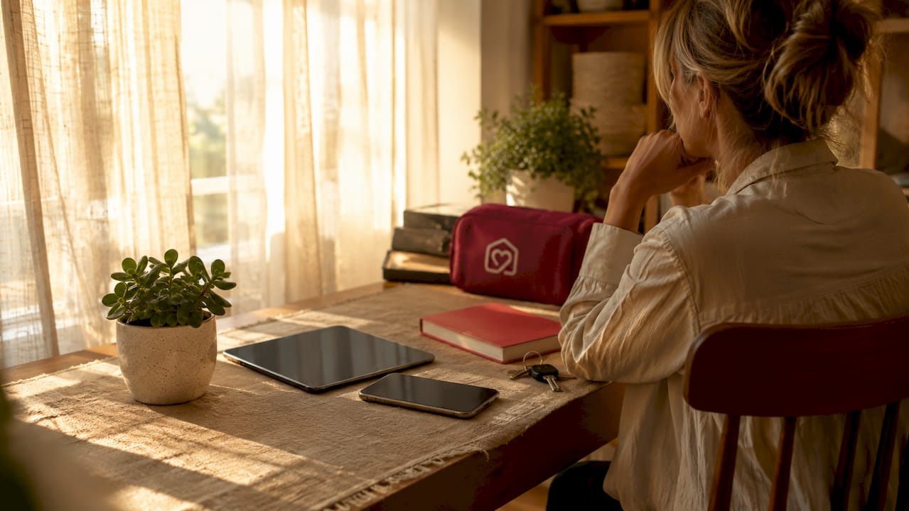 Close-up of tech devices and notebook on wood desk