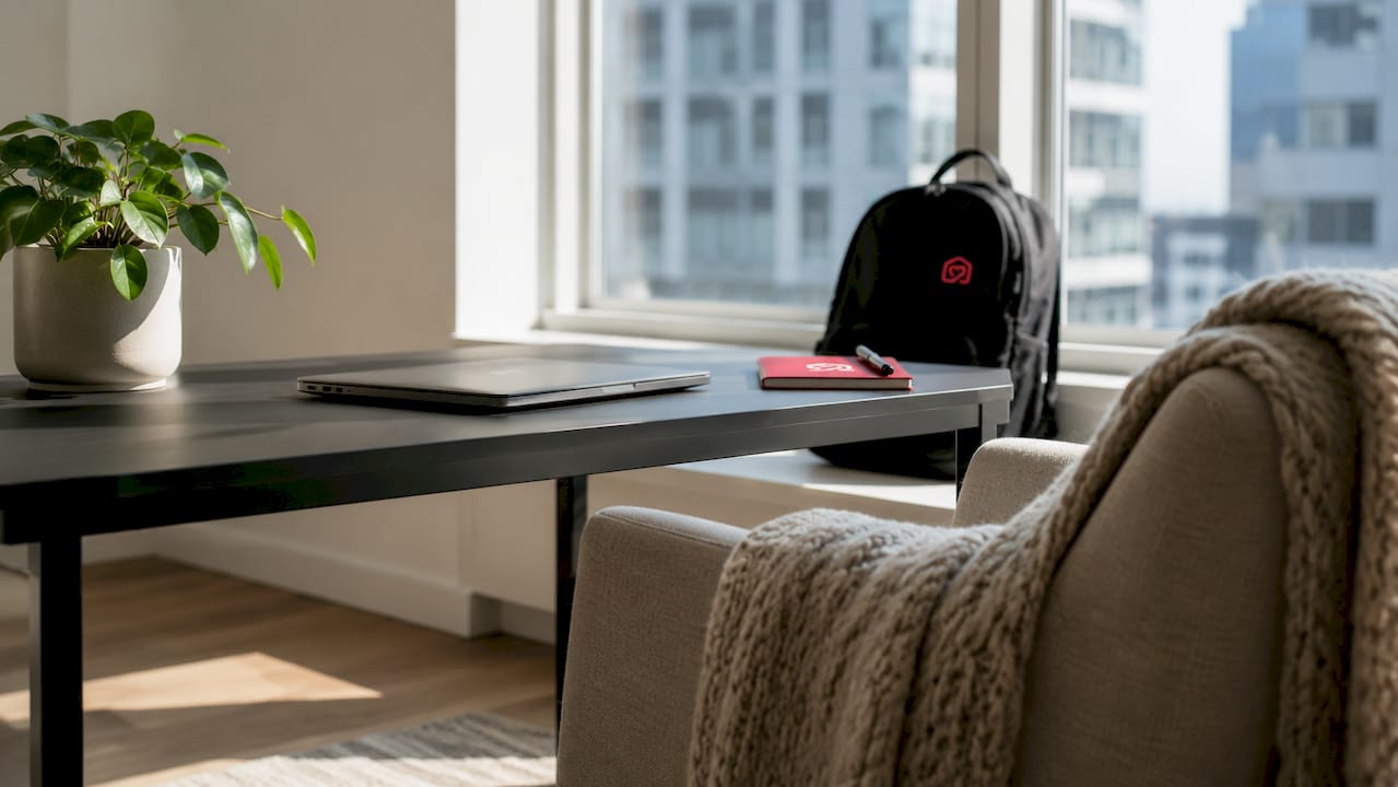 Cozy Nordic workspace with laptop and coffee cup