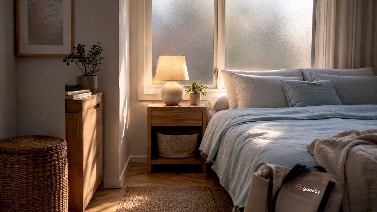 Soft daylight on neatly made Nordic bedroom corner