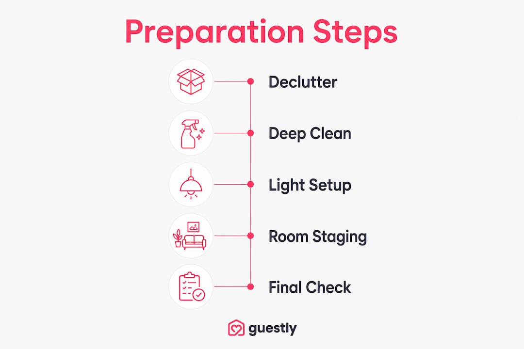 Infographic showing five key home photography preparation steps